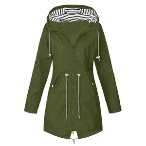 Impermeable para mujer, chaqueta de lluvia con capucha de longitud media, rosa, azul, verde, rojo, negro, azul marino, cortavientos para exteriores, abrigo con cremallera - Product Image 2