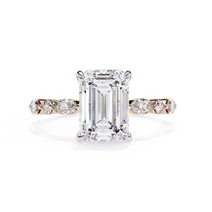 Bague en or massif 14 carats avec diamant de laboratoire rond de 3 carats de qualité export et pierres latérales marquise et rondes, bijou raffiné pour mariage - Product Image 1
