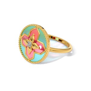 Anillo de Plata de Ley 925 Chapado en Oro con Esmalte Floral y Diamante Natural para Mujer |   Anillo de Flores Hecho a Mano, Joyería Fina, Regalo - Product Image 3