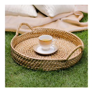 Plateau de service en rotin de style bohème de qualité supérieure, fait main, avec poignée en bois massif, écologique, pour thé, collations, décoration de la maison, panier haut de gamme - Product Image 3