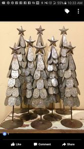 Metal Christmas <b>Tree</b> Decorations Set of 3 With Red <b>Star</b> Tops Wooden Base Traditional Style Handicraft - Product Image 6
