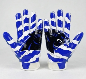 Gants de football personnalisés pour receveur, à doigts complets, imprimé panthère bleu et blanc, sublimation, polyester, unisexe, toutes saisons, sport - Product Image 1