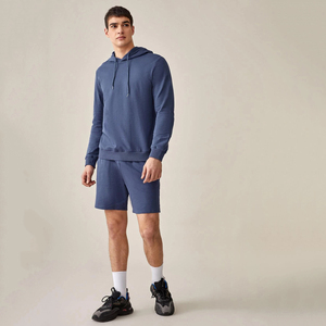 Men's Solid Color Hoodie and Shorts <b>Set</b> Casual <b>Knitted</b> 100% Cotton Summer Wear Blue - Product Image 2