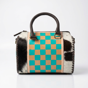Luxury 100% Genuine <b>Leather</b> Mini Speedy Duffel Bag Weekender Sport Checkerboard Teal Brown Pattern Double Handle Zipper Closure - Product Image 1