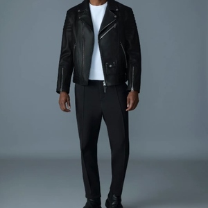 Chaqueta de Motociclista de Cuero 100% Negra para Hombre, Cierre de Cremallera, Diseño Ajustado, Patrón Sólido, Moda Urbana, Servicio OEM - Product Image 4