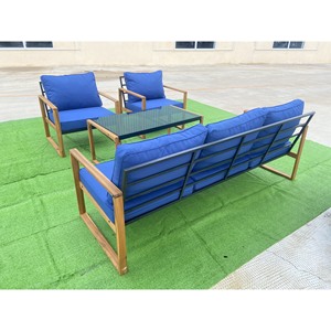 Ensemble de 4 meubles d'extérieur confortables et modernes en aluminium et osier, coussins bleus, table basse en verre trempé pour cour et jardin - Product Image 4