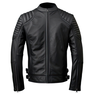 Black Men's Cafe Racer Leather Jacket OEM <b>Service</b> Finished Breathable Windproof Eco-Friendly Stand Collar - Product Image 1
