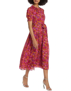 Elegant Vibrant Multi-Tonal Floral Print Casual Tea-Length A-Line <b>Dress</b> Short Sleeve Gathered Neckline Hip <b>Pockets</b> Ruffle Detail - Product Image 4
