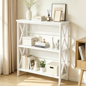 3 Tier <b>Wall</b> <b>Mounted</b> <b>Bookshelf</b> Drill Free Metal Open Bookcase for Home Office Study Matte White Finish - Product Image 1