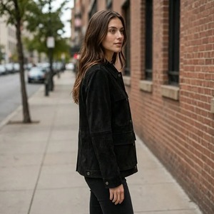 Handmade Black <b>Suede</b> Utility <b>Jacket</b> <b>Women</b>, Genuine Leather Shirt Style Coat - Product Image 4