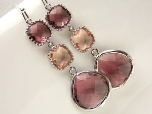 Plum <b>Earrings</b> Plum And Peach Drop Long <b>Dangle</b> Eggplant Glass <b>Silver</b> Bridesmaid <b>Earrings</b> Gift For Women - Product Image 3