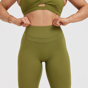 High Waist Olive <b>Green</b> Yoga <b>Leggings</b> Full Length Seamless Elastic Waist Four-Way Stretch Spandex Nylon Pants - Product Image 4