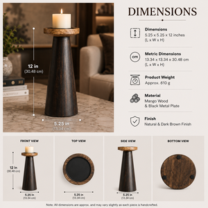 Porte-bougie artisanal en bois de manguier de qualité supérieure, 12 pouces, finition noire foncée, base en métal - Décoration artisanale durable pour la maison - Product Image 3