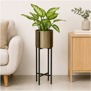 Luxury Gold Metal Planter with Tall Black Iron <b>Stand</b> Modern Indoor Decorative Round Flower <b>Pot</b> for Living Room Office Decor - Product Image 3