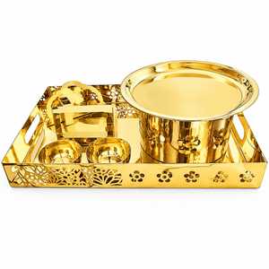 <b>Gold</b>-Plated Stainless Steel Modern Floral Pattern Multi-Functional <b>Serving</b> <b>Tray</b> Set Bowl Condiment Dishes for Wedding Catering - Product Image 4