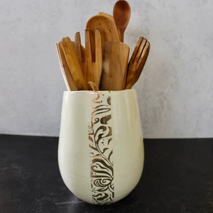 Handcrafted Porcelain Utensil Holder Elegant <b>Etched</b> Design Smooth Glaze Heat Resistant Stable Base Kitchen Counter Organizer - Product Image 2