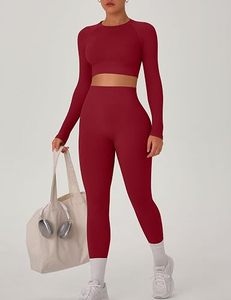 Seamless Yoga Set <b>Women</b> High Waist <b>Leggings</b> Crop Top Full Sleeve Sport Wear Two Piece Gym Outfit Stretchable Activewear - Product Image 2
