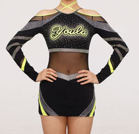 Ventes en gros de costumes de cheerleaders de haute qualité pour femmes, avec pierres, uniformes de cheerleading verts, costumes de danse pour écolières