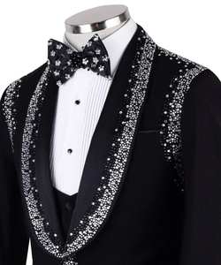 Chaqueta de esmoquin negra para hombre con cristales – Blazer de diseñador con solapa tipo chal y pedrería para bodas y fiestas - Product Image 3