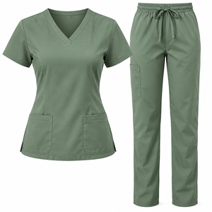Slate <b>Blue</b> <b>Womens</b> Medical Scrub Set V Neck Short Sleeve Pocket Top Drawstring Straight Leg <b>Trousers</b> Nursing Uniform Clinic Wear - Product Image 3