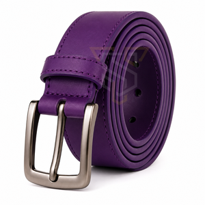 Ceinture en cuir véritable violet avec boucle rectangulaire argentée, style formel, couleur unie, en cuir de vachette - Product Image 2