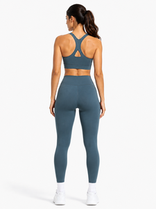 2-Piece Yoga Set Racerback Crew Neck <b>Crop</b> <b>Top</b> High-Waist Full-Length Leggings Contrast-Stitch Seamless Eco-Friendly Plus Size - Product Image 4