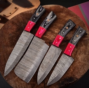 Handmade Eco-Friendly Damascus Steel 4-Piece Kitchen <b>Knife</b> Set Pure Leather Sheath Including Chef's Cleaver <b>Steak</b> Utility Carbon - Product Image 3