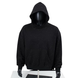 Black Embroidered Rhinestone Fleece Hoodies for <b>Men</b> Heavy Winter <b>Pullover</b> Full Oversized Streetwear Fit 100% - Product Image 1