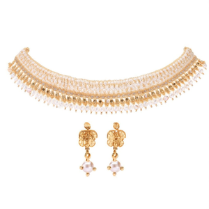 Ensemble collier et boucles d'oreilles de mariée en imitation perle plaqué or fin et pierre Pota mate - Product Image 2