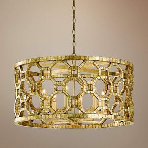 Gold Mirrored Drum Pendant Light Decorative Hanging Chandelier Geometric Home Decor for Dining Room Entryway - Product Image 1