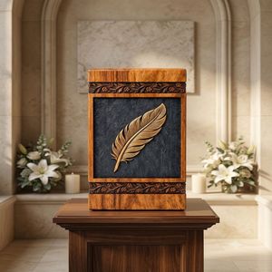 Wooden Cremation Urn Brown Adult <b>Memorial</b> <b>Keepsake</b> <b>Box</b> Carved Feather Design Customizable 200 Cubic Inch Capacity - Product Image 2