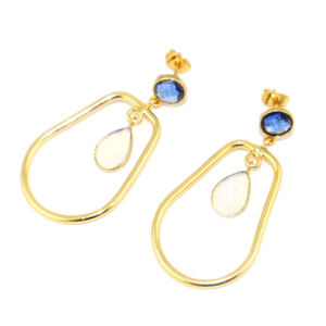 Magnifiques Boucles d'Oreilles Pendantes en Laiton Plaqué Or 22K, Forme Fantaisie, Saphir Bleu, Opalite et Quartz Hydro, Motif Damier Tendance, Vente en Gros - Product Image 2