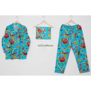 Conjunto de Pijama de Algodón 100% con Estampado Floral para Mujer, Cintura Elástica, Mangas Largas, Tela Suave y Transpirable, Uso en Varias Estaciones - Product Image 1
