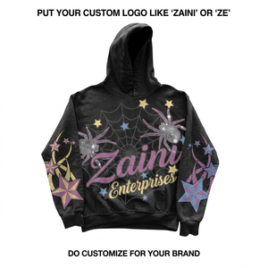 Sweat à capuche noir en coton français Terry Premium 420 GSM, lavage à l'acide, logo personnalisé brodé avec strass DTF - Product Image 1