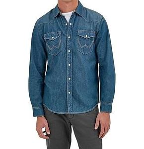 Camisas de Hombre de Manga Larga, Estilo Safari, de Algodón y Mezclilla, Transpirables, Color Azul, Lavadas, Corte Casual - Product Image 1