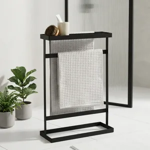 <b>Freestanding</b> Metal Towel Rack with Storage Shelf Modern Bathroom Organizer Stand Dual <b>Bar</b> Holder Space Saving - Product Image 5