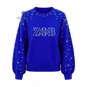 เสื้อสเวตเชิ้ตผ้าฝ้ายปักลายตัวอักษรกรีกประดับมุกสำหรับผู้หญิง Zeta Phi Beta คอกลม แขนยาว สไตล์ลำลอง - Product Image 1