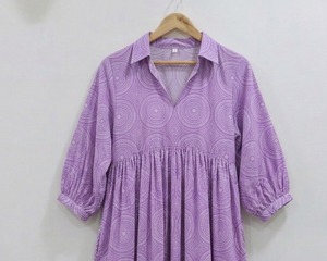 Robe midi pour femme, col en V, manches bouffantes, imprimé floral, coupe trapèze, 100% coton, respirante, écologique, idéale pour le bureau - Product Image 5