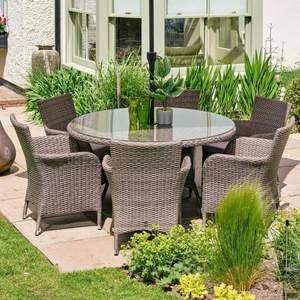 Ensemble de salle à manger en rotin avec table ronde en verre et parasol, mobilier de jardin moderne en osier pour villa, complexe hôtelier et terrasse - Product Image 2