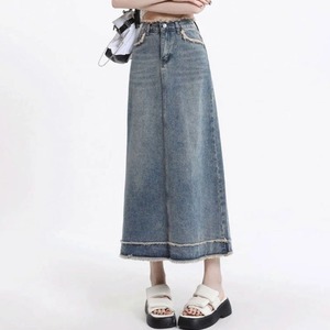 Jupe en jean fine à bords bruts pour femme, style rétro bleu, mi-longue, taille haute, tendance - Product Image 1