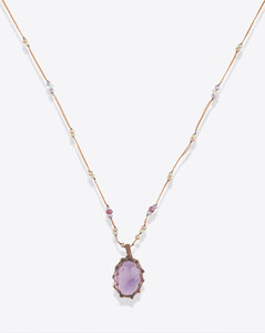 Pendentif ovale en macramé fait main violet avec cordon perlé long, bijou artisanal bohème pour femme, plaqué platine, certifié IGI - Product Image 5