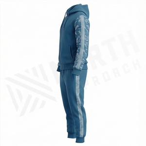 Men's Blue Camouflage Sleeve <b>Tracksuit</b> Hooded Zipper Full Length Casual Sportswear with Side Pockets Polyester Material - Product Image 3