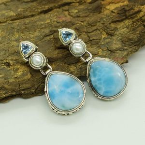 Nouvelles boucles d'oreilles pendantes en argent sterling 925 avec perle de larimar naturelle et topaze bleue sertie en clos, style vintage pour femmes - Product Image 3