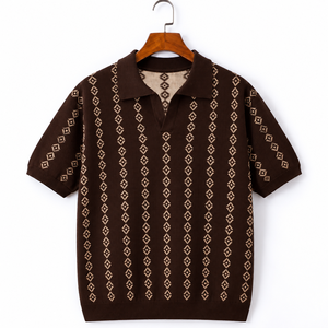 Suéter de Punto Jacquard a Rayas para Hombre, con Cierre Frontal, Manga Corta, Cuello, Transpirable, Antiarrugas, Ropa Casual de Verano - Product Image 1
