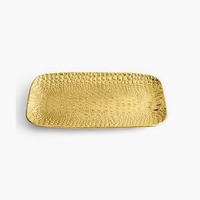 Plateau décoratif en aluminium brut avec motif de feuilles, finition antique patinée, forme irrégulière, emballage en une seule pièce