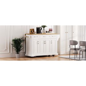 Carrello da Cucina Grande K K da 54 Pollici con 4 Ante, in Legno di Gomma, con Piano Ribaltabile e Texture Goffrata, su 4 Ruote - Product Image 3