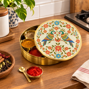 Handcrafted Round Brass Spice <b>Box</b> Royal Parrot Floral Printed Lid Masala Dabba Kitchen Storage Container <b>Set</b> With Spoon Supplier - Product Image 2