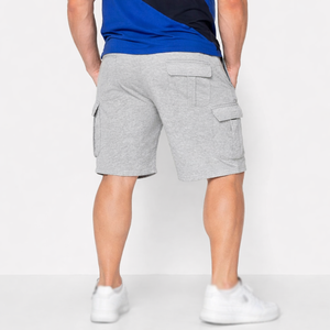 Shorts cargo gris en coton pour hommes, style streetwear décontracté, taille élastique, poches utilitaires, fabrication de marque avec logo personnalisé - Product Image 2