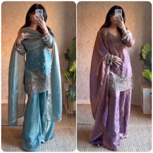 Designer Palazzo Suit in Fendy Silk with Embroidery Sequence Work and Lace Border Dupatta Elegant Wedding Festive Wear <b>for</b> Women - Product Image 6