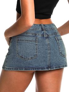 Jupe mini en jean taille haute, couleur unie, délavée, fendue, coupe trapèze pour femme, taille standard, style été automne hiver - Product Image 4